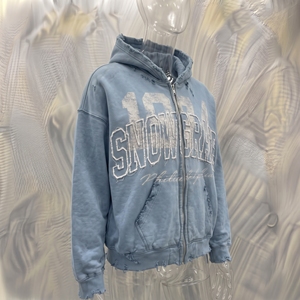 เสื้อฮู้ดซิป Snowgrace สีน้ำเงิน ทรงโอเวอร์ไซส์ สตรีทแวร์ผู้ชาย โลโก้ด้านหน้า ผ้าฝ้ายฟอก ทรงเฟรนช์เทอร์รี่ - Product Image 2