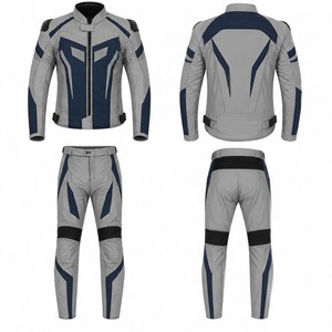 Men's Full Sleeve Leather Motorcycle <b>Racing</b> Suit Gray Blue Color Blocked Windproof All Seasons Wear - Product Image 1