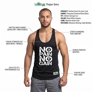 Débardeur de sport pour homme en coton 100% respirant et à séchage rapide, coupe ample, imprimé graphique, « No Pain No Gain » - Product Image 5