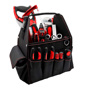 Sac de rangement pour outils robuste avec plusieurs poches, intérieur noir, coutures rouges, organisateur d'équipement pour électriciens - Product Image 1