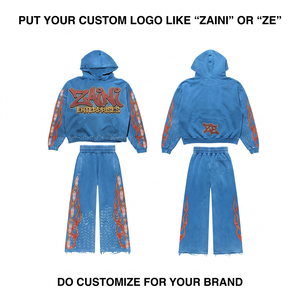 ZAINI - Chándal Azul de Invierno para Hombre, 350 GSM, Felpa de Algodón Premium, Estilo Urbano, Panel Lateral con Estampado de Llamas, Bordado Personalizado - Product Image 1