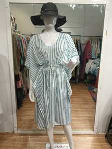 V-Neck Striped <b>Kaftan</b> Dress With Drawstring Elastic Waist Loose Fit Cap Sleeve Midi Length 100% Cotton <b>Summer</b> Casual Wear - Product Image 4