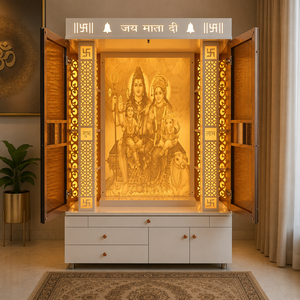 Modern Acrylic Handmade Pooja <b>Mandir</b> Storage Drawers LED Lighting Openable Glass Doors Jai Mata Di Design Home Temple Diwali - Product Image 4