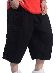 Shorts cargo pour homme, noir uni, taille mi-haute, fermeture élastique, tissu en toile respirant, style décontracté avec poches - Product Image 4