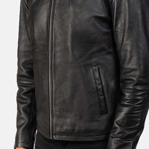 Custom <b>Mens</b> Black <b>Leather</b> <b>Jacket</b> Stand Collar Cafe Racer <b>Leather</b> <b>Jacket</b> Wholesale High Quality Genuine <b>Leather</b> Coat - Product Image 4