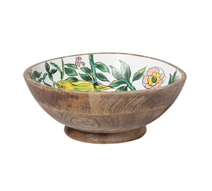 Bol à salade artisanal en bois de manguier écologique avec motif bleu et blanc, design moderne vintage pour la cuisine et le service des fruits - Product Image 2