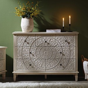 Commode à 6 tiroirs en bois sculpté, blanc antique, avec motif floral mandala, pour salon - Product Image 1