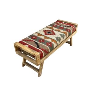 Banco de Yute Kilim Hecho a Mano, Ecológico y Duradero, Banco Otomano Tradicional Cuadrado, Banco de Madera Vintage, Muebles Rústicos para Sala de Estar - Product Image 3