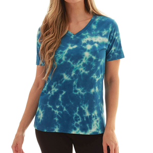 Camiseta de Manga Corta con Cuello en V y Estampado Tie-Dye para Mujer, Corte Regular, Informal, Azul, de Algodón Tejido, para Primavera/Verano - Product Image 1