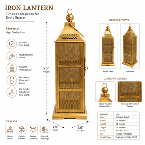 <b>Large</b> Iron Lantern | Antique Gold Metal <b>Candle</b> Lantern for Home Decor, Wedding, Hotel & Event Decoration - Product Image 5