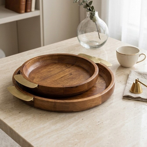 Round Shape <b>Wooden</b> <b>Serving</b> <b>Platters</b>/Tray Set With Curved Metallic Side Handles Ideal For Elegant Coffee Table Accent Display - Product Image 5