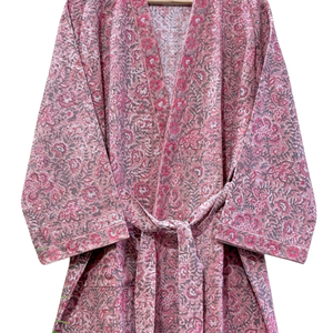 Premium Pink <b>Waffle</b> <b>Block</b> Printed Cotton Bathrobe Lightweight Quick Dry Handcrafted Luxury Spa Kimono Cotton Loungewear Robe - Product Image 5