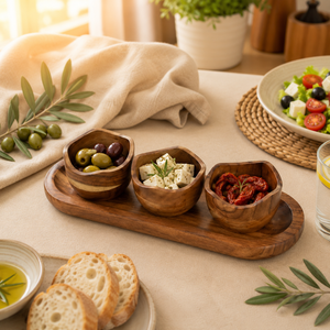 Ensemble de bols à condiments en bois d'acacia artisanal de qualité supérieure avec plateau de service ovale, bol écologique pour salsas et en-cas - Product Image 2