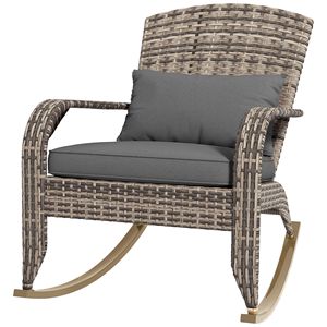Sedia a dondolo Adirondack in vimini con schienale alto, cuscino e cuscino decorativo per esterni, portico, balcone, grigia - Product Image 1