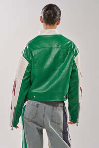 Veste de sport en cuir véritable vert et blanc, en cuir PU, coupe-vent, manches longues, col montant, fermeture éclair, logo imprimé, pour femmes - Product Image 3