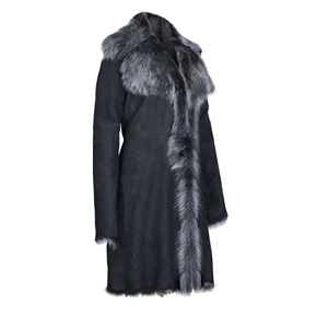 Custom Ladies Genuine Black Silver Sheepskin <b>Trench</b> <b>Coat</b> Lightweight Winter Apparel Elegant Long Open Front - Product Image 4