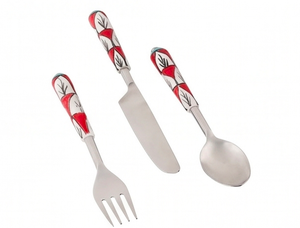 Ensemble de couverts modernes en acier inoxydable avec manche en céramique, cuillère, fourchette, couteau, passe au lave-vaisselle, motif rouge et blanc, couverts de fête - Product Image 1
