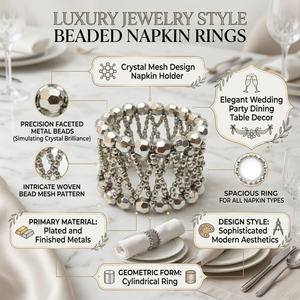 Anneaux de serviette perlés de style bijoux de luxe |   Porte-serviettes en maille de cristal |   Décoration élégante pour table de réception de mariage - Product Image 5