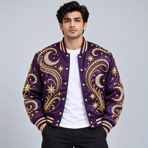Veste en satin pour homme avec strass, veste bomber luxueuse ornée de cristaux brillants, vêtements de rue élégants, vêtements de soirée - Product Image 1