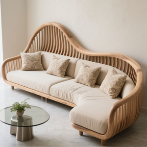 Elegant Scandinavian Wooden Sofa with Unique Curved <b>Backrest</b> Design for Modern Home Decoration - Product Image 1