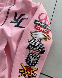 <b>Pink</b> Oversized Zip-Up Hoodie With Patchwork Design Front Logo Unisex Streetwear Fleece <b>Sweatshirt</b> Autumn Wear - Product Image 2