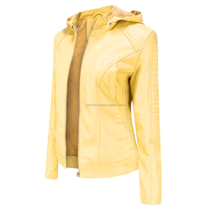 Veste en cuir de moto à capuche jaune élégante pour femmes avec doublure Sherpa fermeture à glissière longue conception confortable et durable - Product Image 3