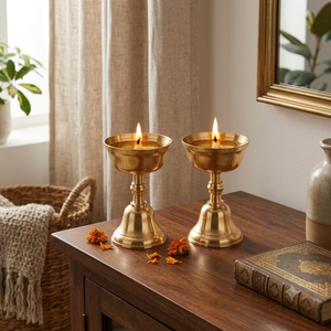 Classic Brass Cup Bowl Diya Pedestal Pair Traditional Hindu Pooja Oil <b>Lamp</b> <b>Antique</b> Gold Finish Home Temple Decor Wholesale Items - Product Image 2