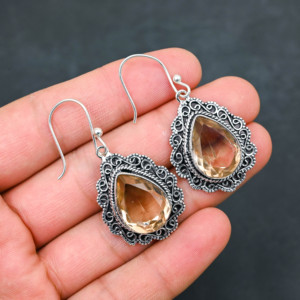 Boucles d'oreilles personnalisées en Morganite créée en laboratoire, en argent sterling 925, 1,9 pouces, bijoux en pierres précieuses faits à la main, boucles d'oreilles fines antiques, cadeau pour femmes - Product Image 1