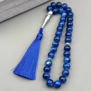 Perles de prière de luxe faites à la main en résine bleue, motif géométrique rond, avec pompon, chapelet religieux poli - Product Image 3