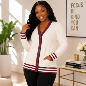 Cosh International Sorority Sisterhood Acrylic Custom Logo White With Maroon Contrast Sleeves <b>Cardigan</b> <b>Sweater</b> - Product Image 4