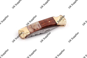 Couteau de poche pliant en acier Damas, gravé à la main, avec manche en laiton, cor de bélier et bois de rose, personnalisable OEM/ODM, couteau de camping, faibles MOQ - Product Image 5