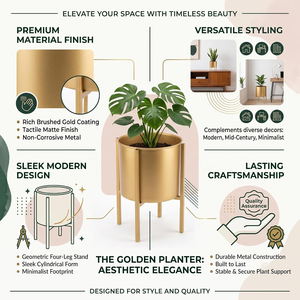 Jardinière en métal doré avec élégant support surélevé, pot de fleurs décoratif pour l'intérieur, idéal pour la maison moderne, le salon, le balcon, le bureau - Product Image 5