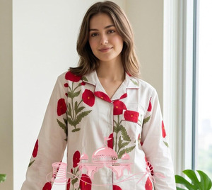 Luxury Women's Hand Block Printed Pure Cotton Summer Night <b>Suit</b> Set Elegant Full Sleeve Notch Collar Shirt Straight Fit <b>Pyjamas</b> - Product Image 1