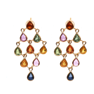 Pendientes de Zafiro Multicolor Natural en Forma de Pera en Oro Amarillo Sólido de 18K – Gotas de Piedras Preciosas en Forma de Lágrima Arcoíris con Engaste de Bisel - Product Image 1