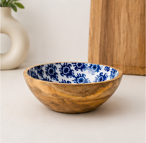 Bol de service en bois contemporain imprimé, fait main, avec motif floral bleu, pour salade, masala, usage en restaurant - Product Image 5