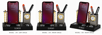 Accessoire de bureau en métal moulé sous pression de qualité supérieure, modèle 158, support de téléphone intégré, porte-stylo, logo gravé sur mesure, finition chromée