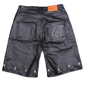 Custom Street Wear <b>Men</b> <b>Shorts</b> Heavyweight Design Metal Rivets Rhinestone Leather <b>Patch</b> Denim <b>Shorts</b> Black Wax Coated Jeans - Product Image 2