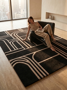 Tapis en laine tufté fait main moderne, noir, géométrique, doux, pour intérieur et extérieur, tapis de luxe contemporain sur mesure - Product Image 4