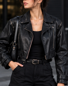 Black Genuine Leather Moto <b>Jacket</b> Slim Fit <b>Short</b> Length Zipper Closure Turn-down Collar Regular <b>Sleeve</b> Solid Color Unisex - Product Image 5