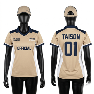 Camiseta de árbitro de netball transpirable de poliéster premium de 180 GSM, diseño de paneles beige y azul marino, logotipo personalizado - Product Image 1