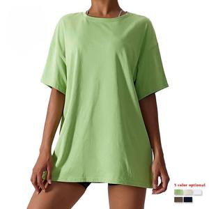 เสื้อยืดคอกลมโอเวอร์ไซส์สำหรับผู้หญิงไซส์ใหญ่ สีพื้น แขนสั้น ยาวพิเศษ ผ้าเจอร์ซีย์คอตตอน 100% สไตล์ลำลอง - Product Image 5