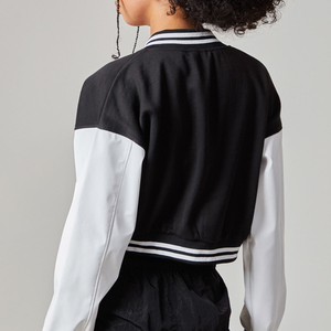 Blank Wholesale Womens Black <b>White</b> Varsity <b>Jacket</b> Full Sleeve Button Up Turn Down Collar <b>Short</b> Length Autumn Casual Apparel ODM - Product Image 3