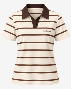 Polo rayé à manches courtes pour femme Sam Tactical, marron beige, col classique, haut décontracté, prix de gros, OEM personnalisé, mode 2026 - Product Image 1