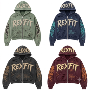 REXFIT Sweat à capuche zippé oversize vert marron unisexe streetwear en coton délavé à l'acide avec motif lettres imprimées pour l'hiver - Product Image 6