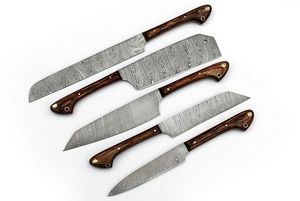 Juego de 5 Cuchillos de Cocina Hechos a Mano de Acero de Damasco con Hoja Recta y Punta Caída, con Mangos de Madera, Personalizables OEM/ODM/OBM - Product Image 5