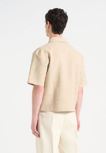 Chemise Oxford en coton beige pour homme, manches courtes, coupe classique, décontractée, avec fermeture éclair, tricotée, respirante - Product Image 3