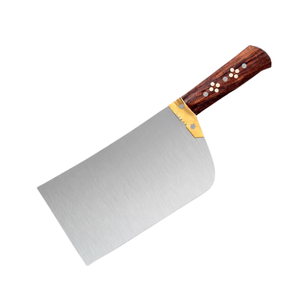 Hachoir à viande robuste avec manche en bois grainé brun, lame large en acier au carbone argenté et talon doré, idéal pour boucher et cuisine - Product Image 3