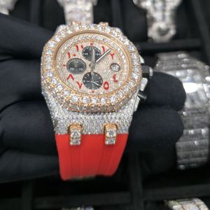 Montre-bracelet de luxe bicolore pour homme, entièrement sertie de diamants Moissanite, bracelet en caoutchouc rouge et noir, cadran date, entièrement mécanique - Product Image 3
