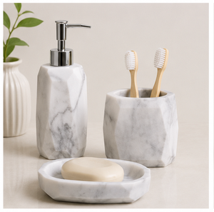 Ensemble d'accessoires de salle de bain hexagonaux modernes en marbre blanc, 3 pièces, distributeur de savon en pierre naturelle, porte-brosse à dents et porte-savon - Product Image 6