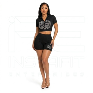 Conjunto de 2 piezas de punto acanalado ligero para mujer: Top corto con cremallera y shorts por encima de la rodilla, ropa deportiva informal de verano - Product Image 2